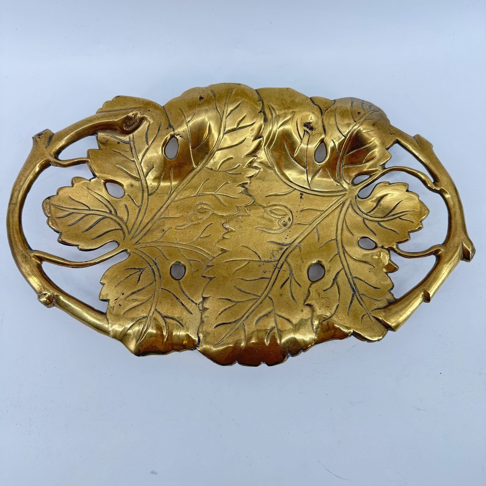 Two Vine Leaves Hand Formed into a Solid Brass 1960s MCM Footed Bowl Centerpiece